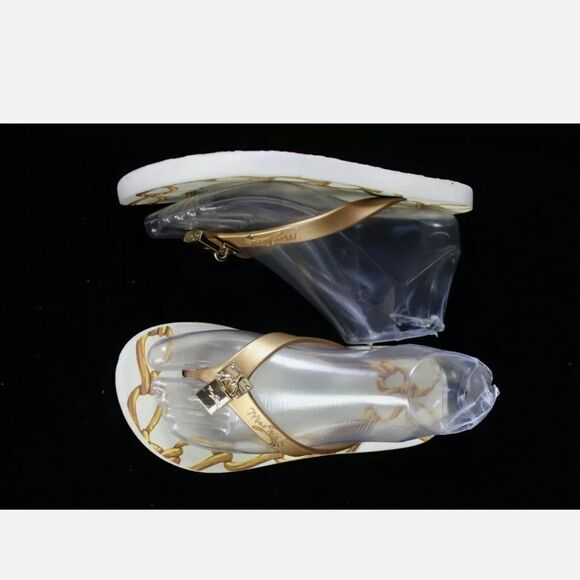 Miss Trish Ssize 5.5 Uk3 Euro 36 Thong Flip Flops Chains Gold Lock. - Picture 3 of 9